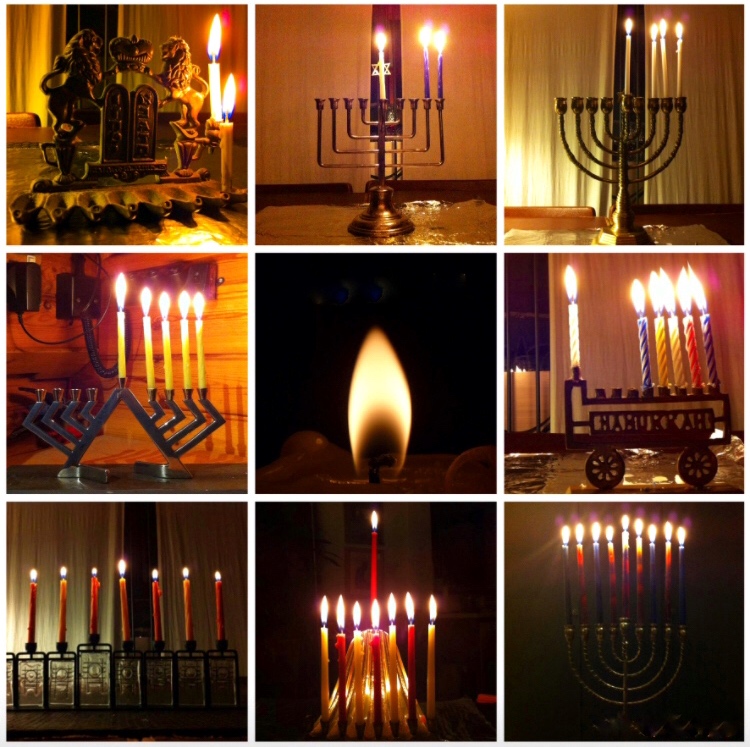 Collage of 9 menorahs showing candles lit from dirst night to eighth night
